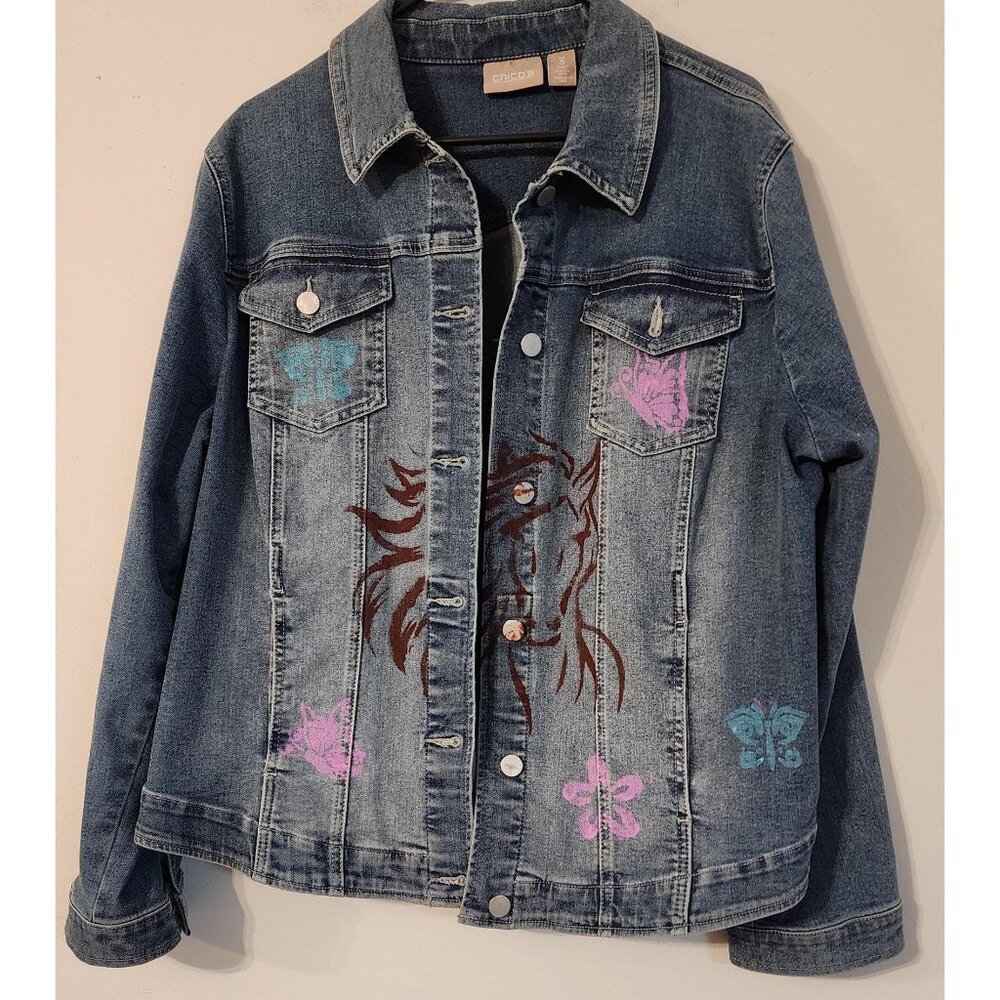 Cowgirl Upcycled denim Blue Jean painted Stinceled art button chico's long sleev